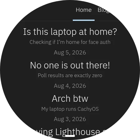 The asuwa.link post list rendered on a round watch screen, showing the four most recent posts